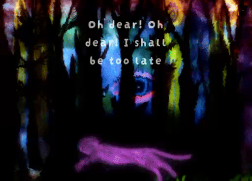 Animated cat running through a dark, colorful forest, changing color every frame